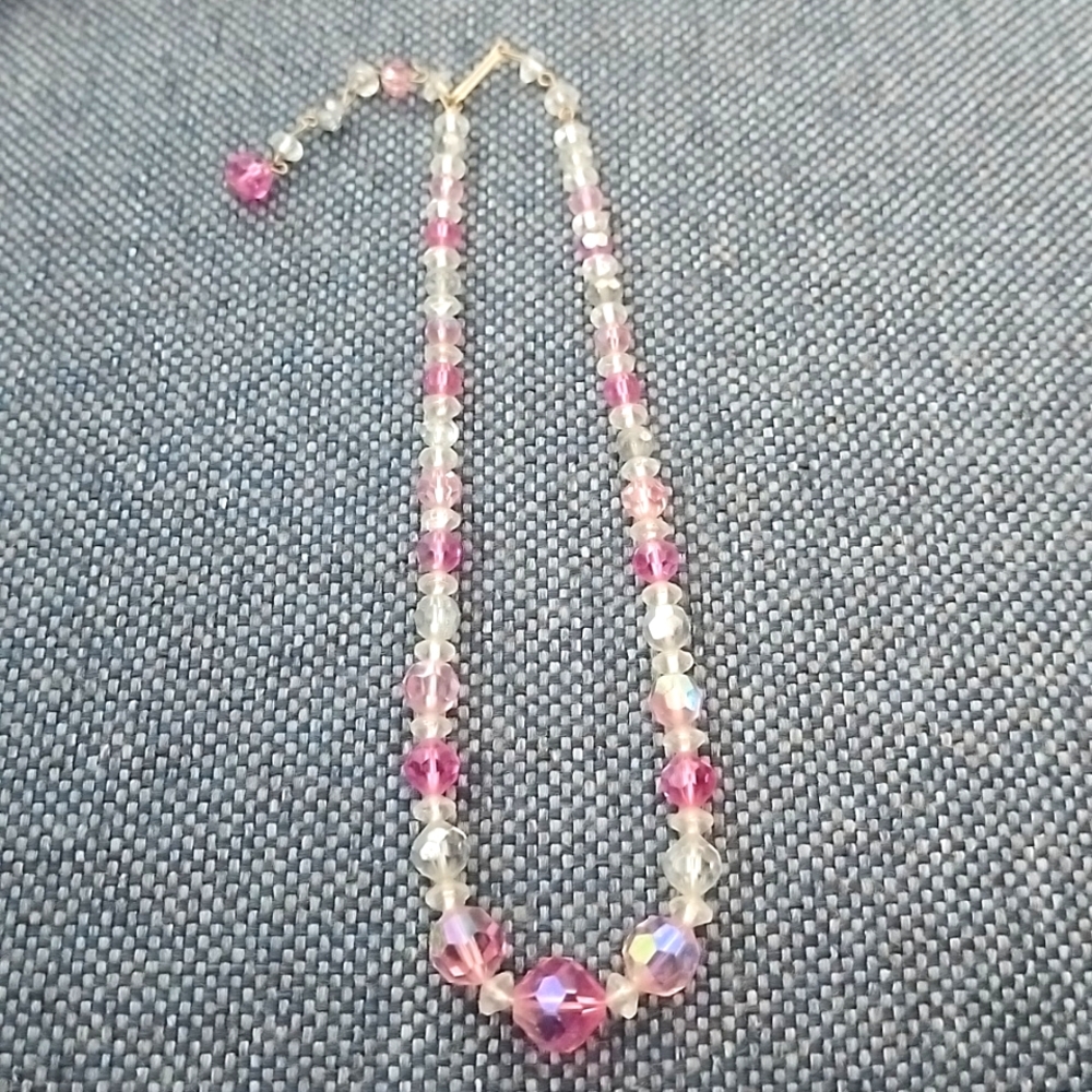 Vtg. Pink and White AB Crystal Choker necklace Hand Crafted